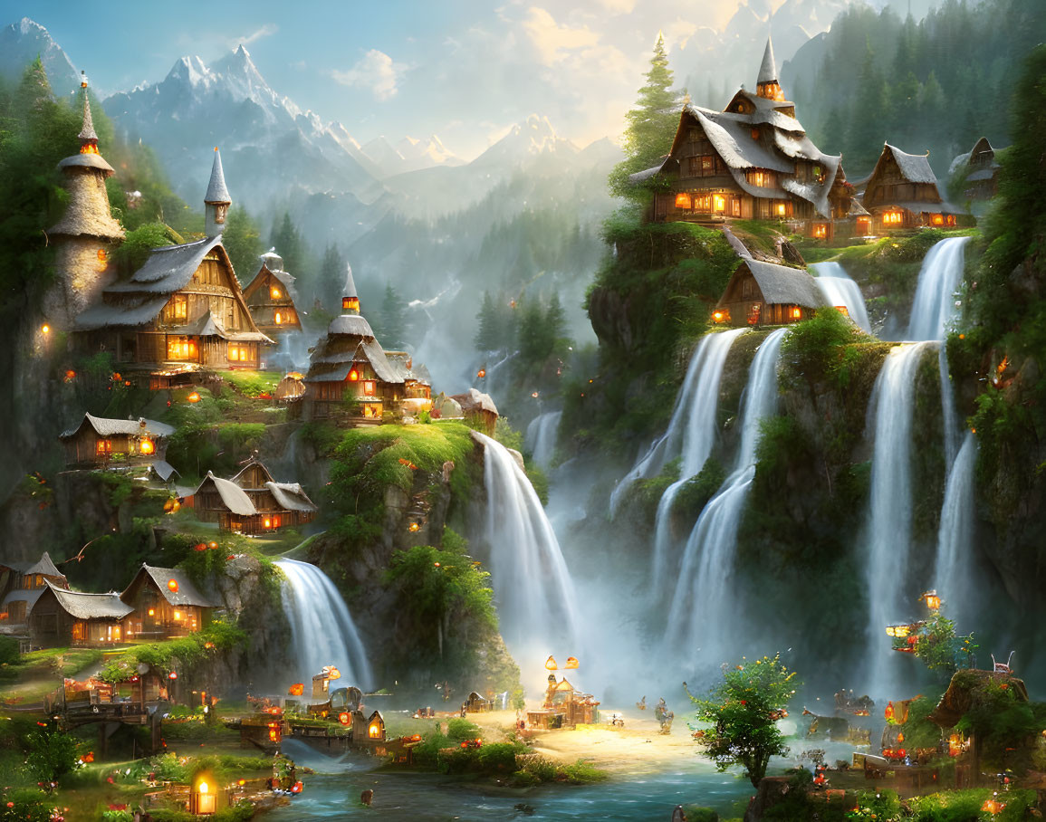 Fantasy village with illuminated houses on waterfalls in mountainous forest at twilight