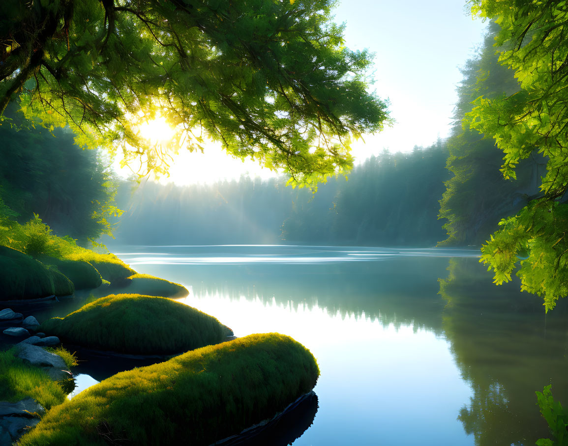 Tranquil Sunrise Scene: Serene Lake, Green Trees, Moss-Covered Rocks