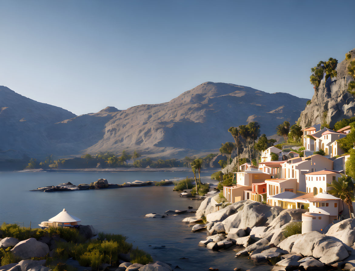 Mediterranean-style coastal buildings nestled in rocky terrain overlooking calm waters and mountains.