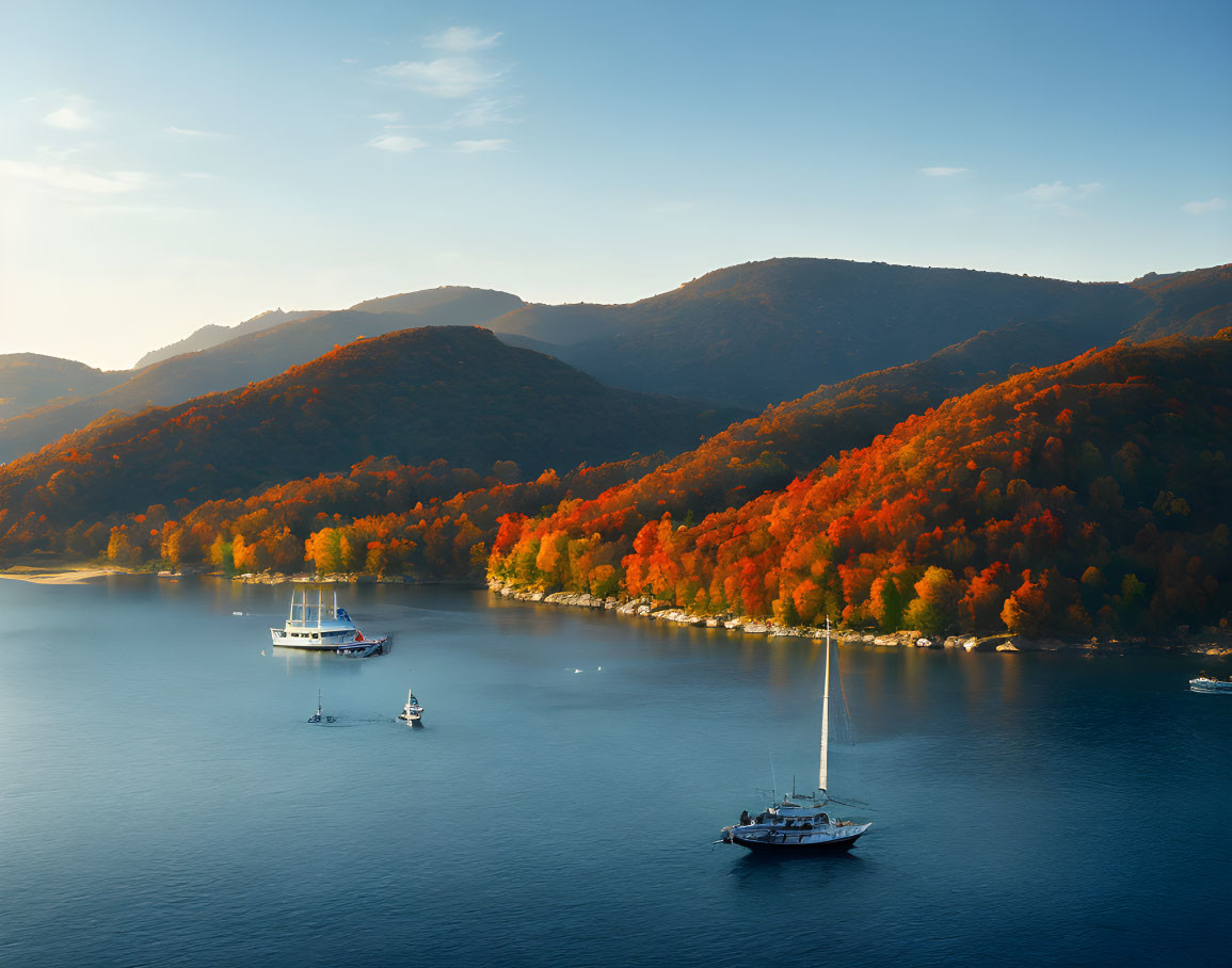 Scenic Autumn Forest Lake with Boats in Golden Sunlight