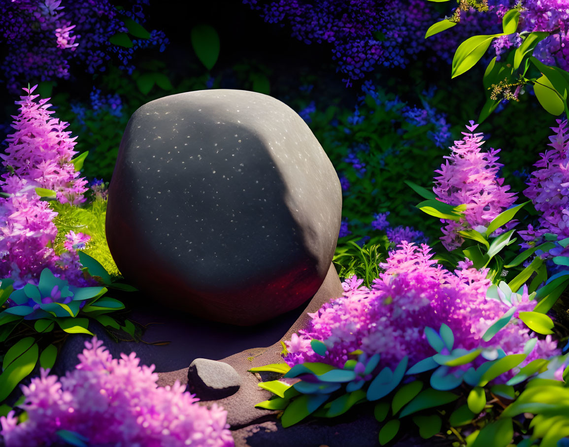 Speckled rock surrounded by purple flowers and greenery