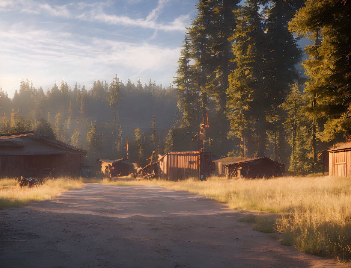 Rustic wooden buildings in sunlit forest clearing