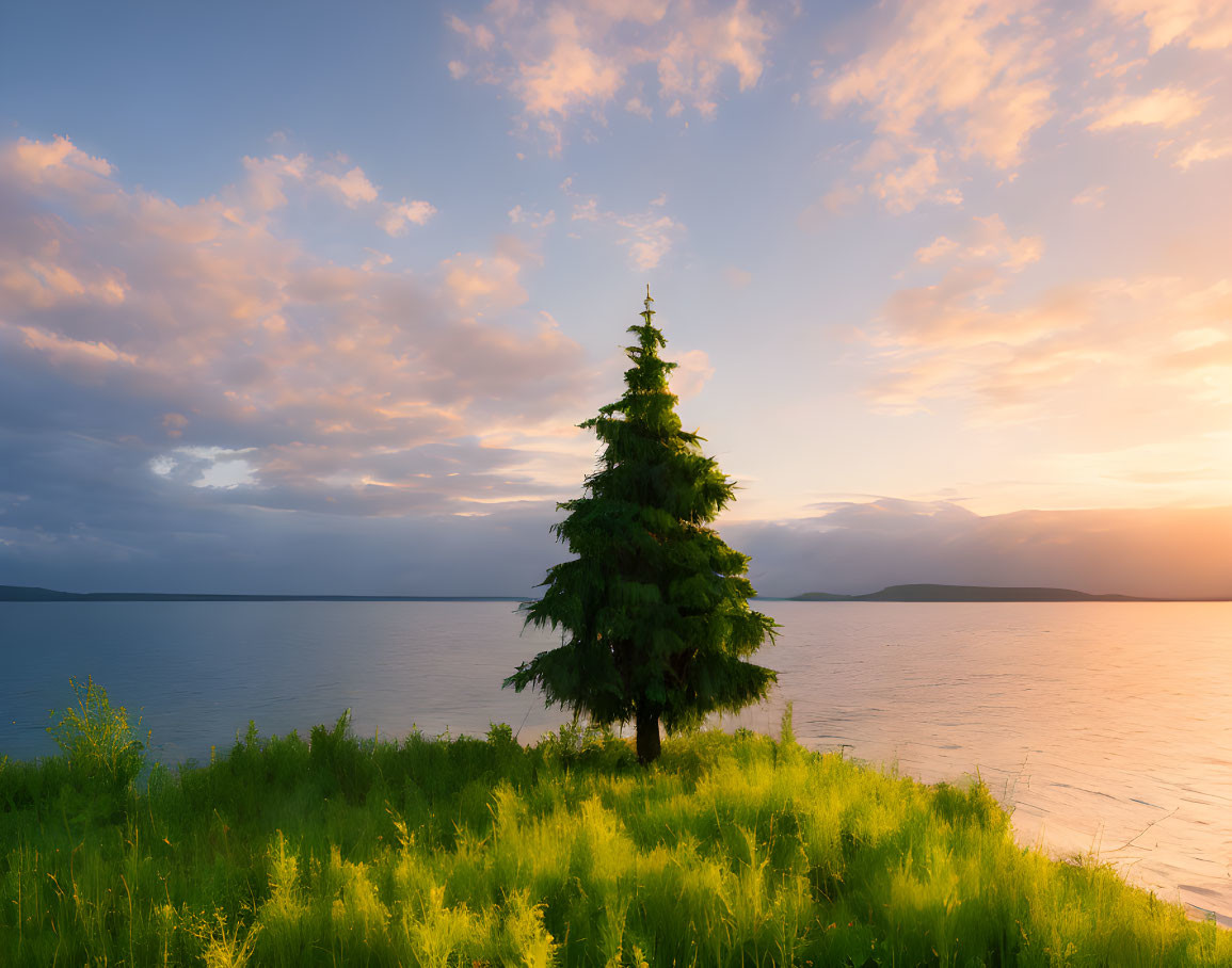 Tranquil lake scene: solitary pine tree, lush green grass, warm sunset light