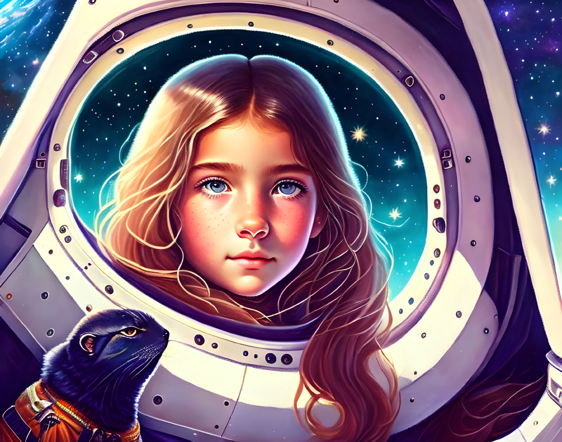 Young girl and cat in space attire looking out of spaceship window.