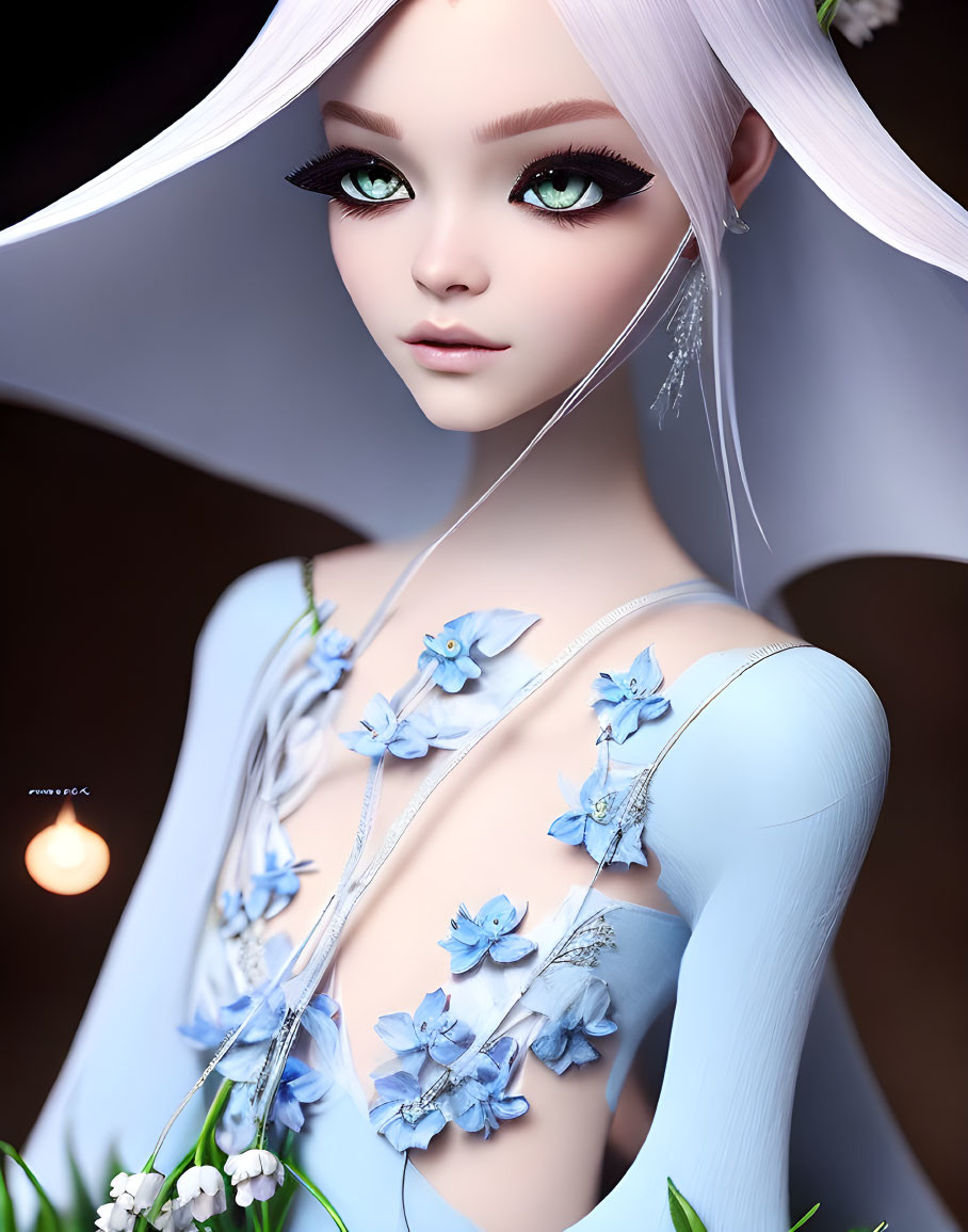 Digital artwork featuring female figure with large green eyes, pale skin, blue flowers, and white hair.