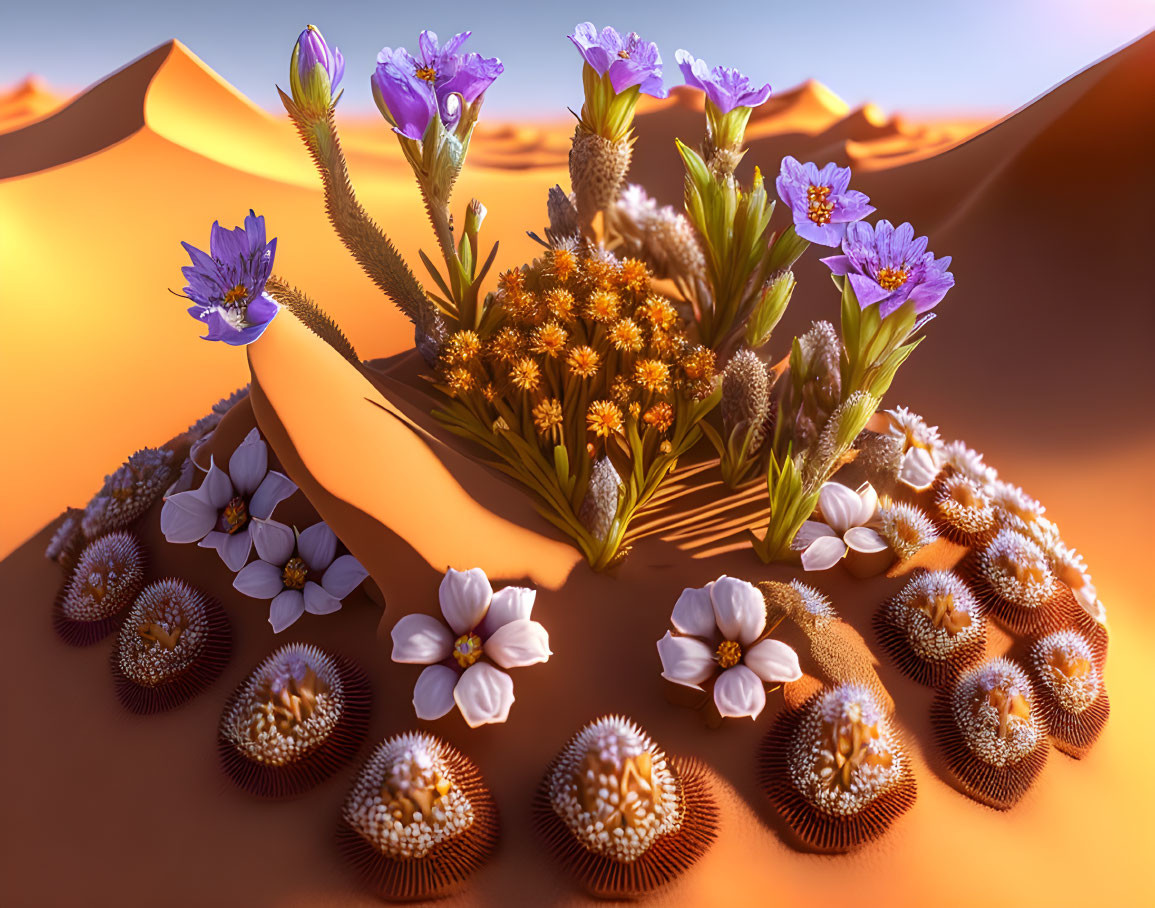 Colorful flowers and cacti in desert oasis with sand dunes and warm sky