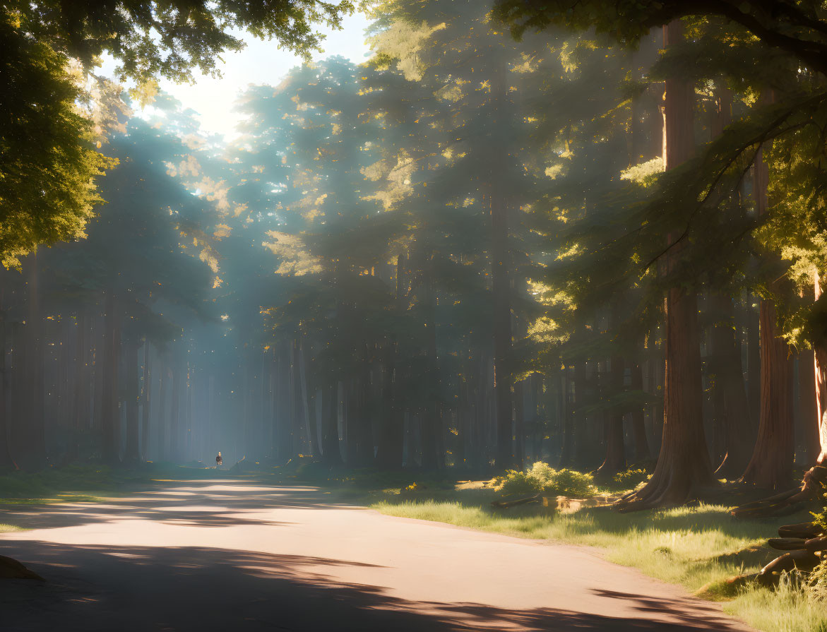 Serene forest scene with misty path and towering trees