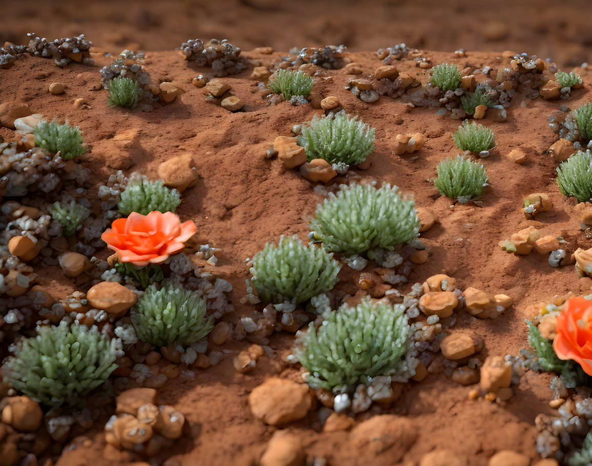 Arid desert landscape with green succulents and orange flowers.