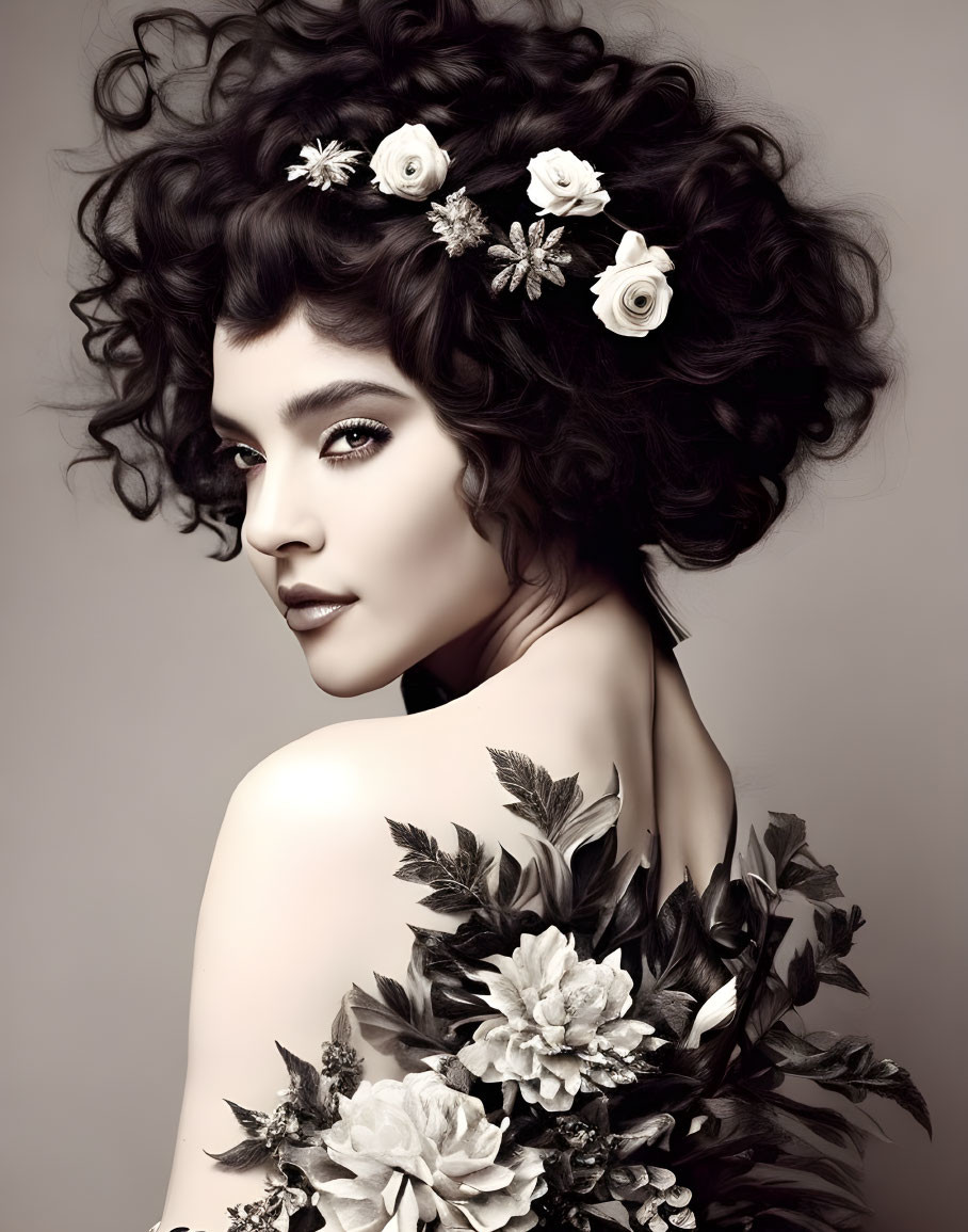 Curly Haired Woman with White Floral Decorations and Shoulder Tattoo