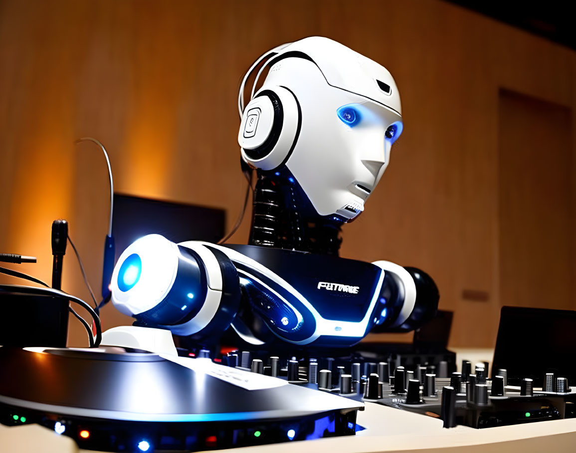 Human-like head robot DJ with blue eyes mixing at console in blue light