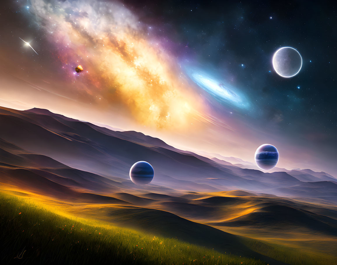 Fantastical landscape with green hills, starry sky, galaxy, shooting star, planets