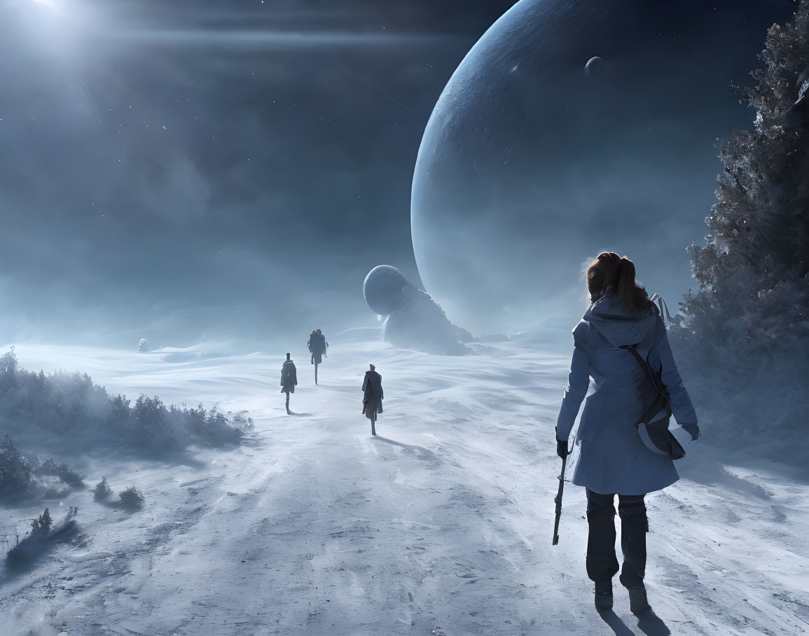 Person in winter coat gazes at snowy landscape with giant planets in night sky.