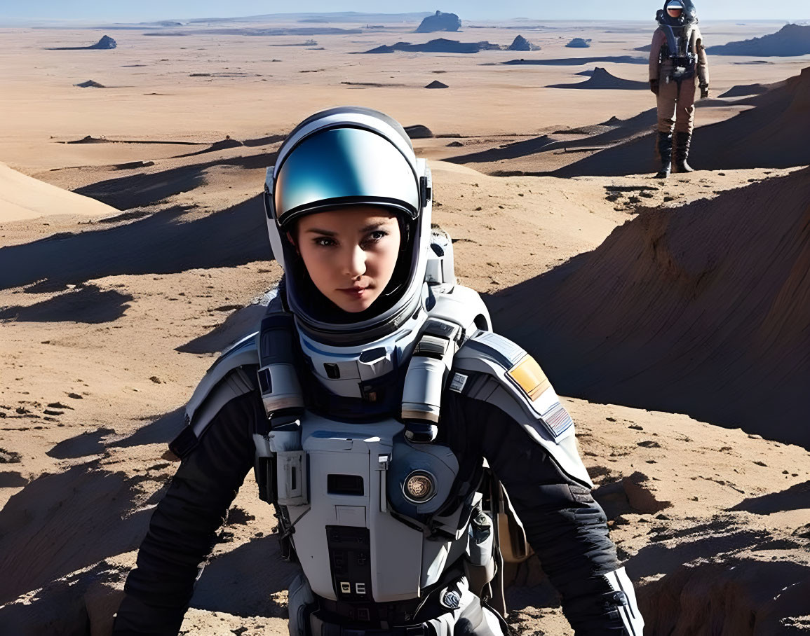 Futuristic spacesuit in desert landscape with astronauts and rock formations