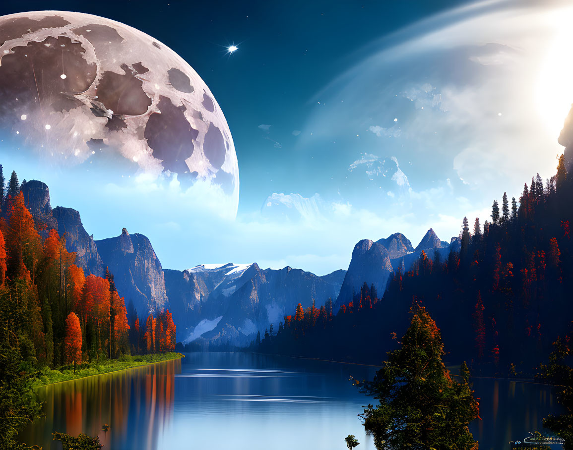 Tranquil landscape with moon, stars, and comet streaks over mountains, forest, and lake