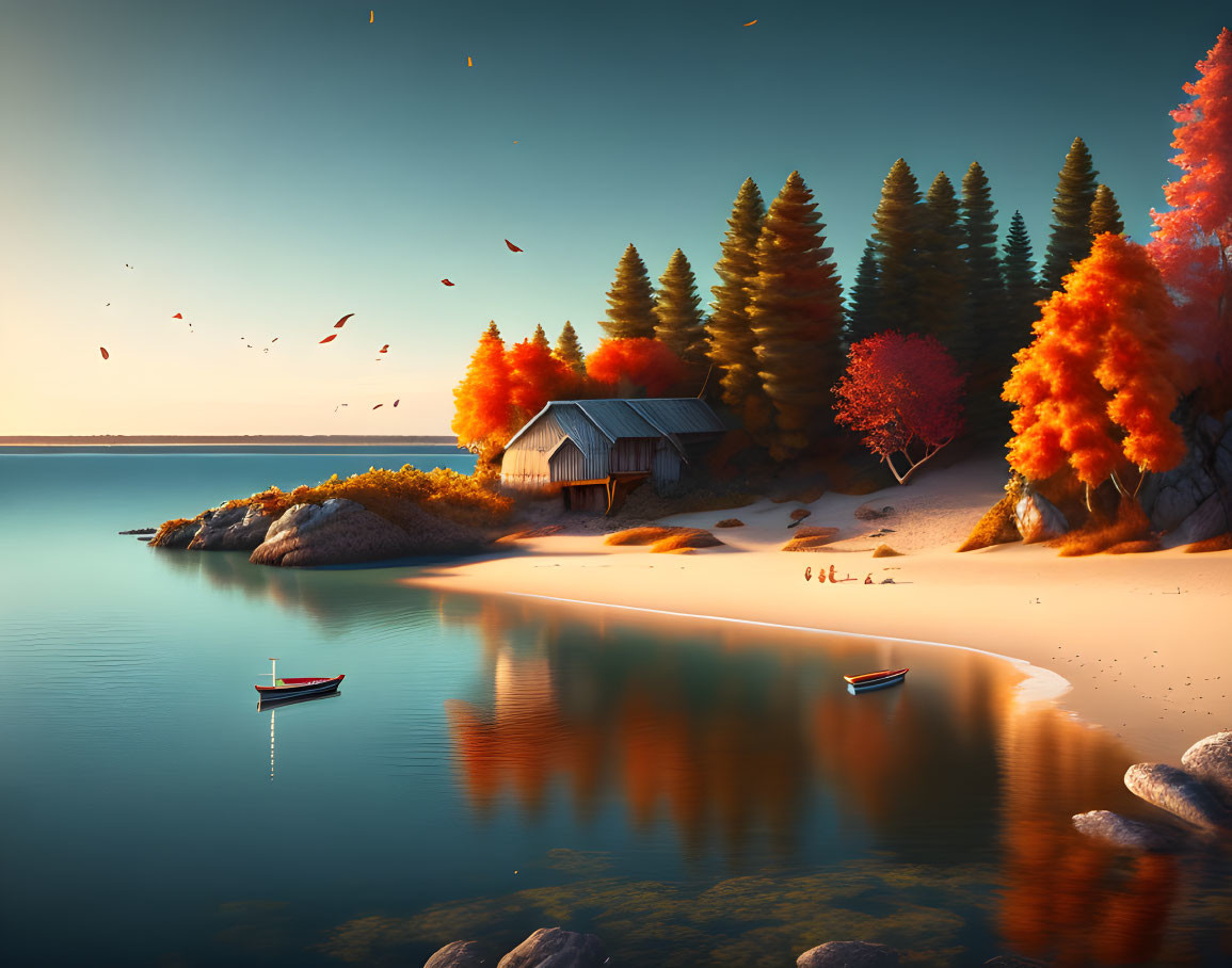 Tranquil lakeside scene with autumn trees, cabin, beach, and boats