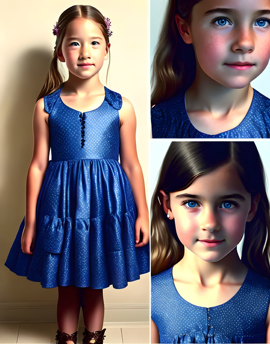 Two young girls in blue dresses with flower adornments posing in a collage