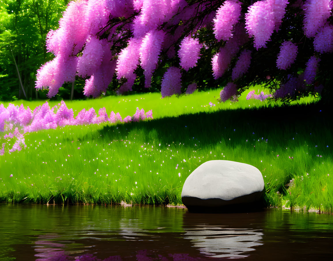 Lush Green Riverside with Vibrant Purple Flowers