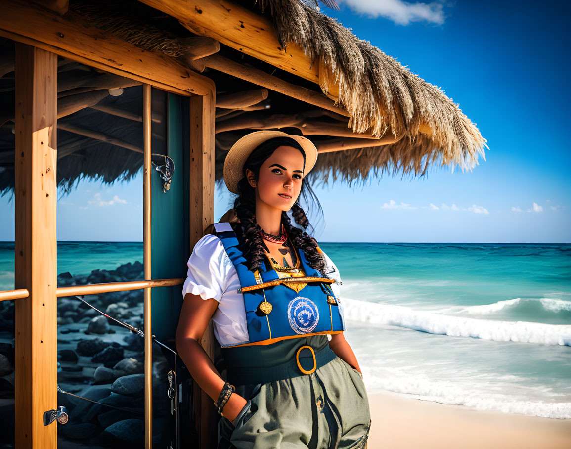 Traditional Bavarian woman at wooden hut on beach with blue skies.