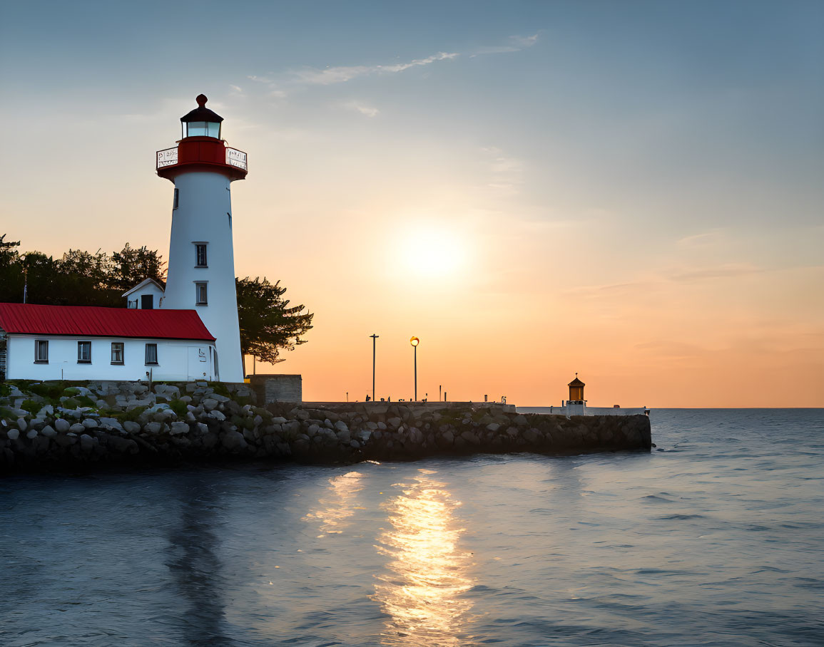 Tranquil sunset scene with white and red lighthouse by calm waters