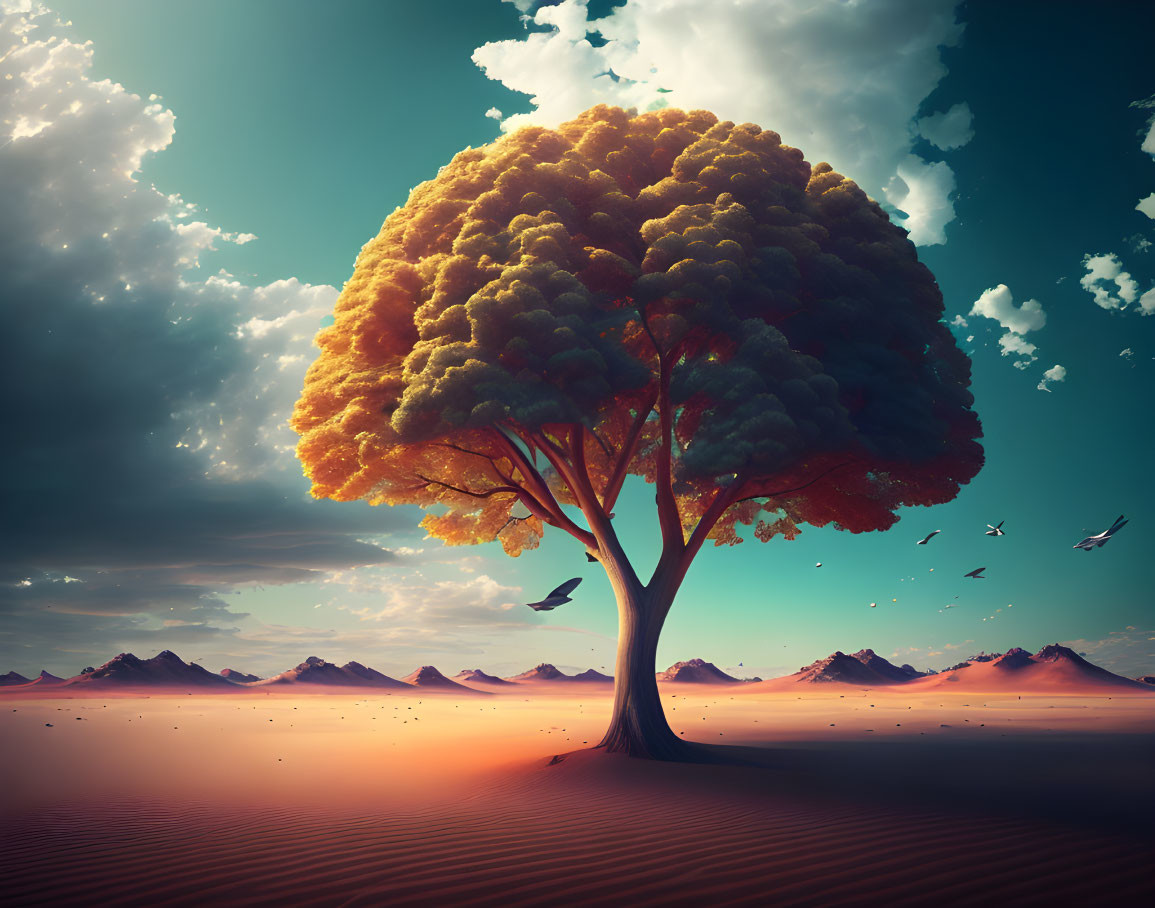 Vibrant orange tree in surreal desert landscape with mountains and birds