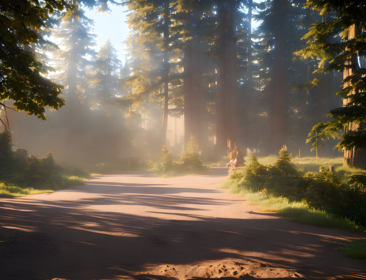 Misty forest scene with sunlight on dirt path