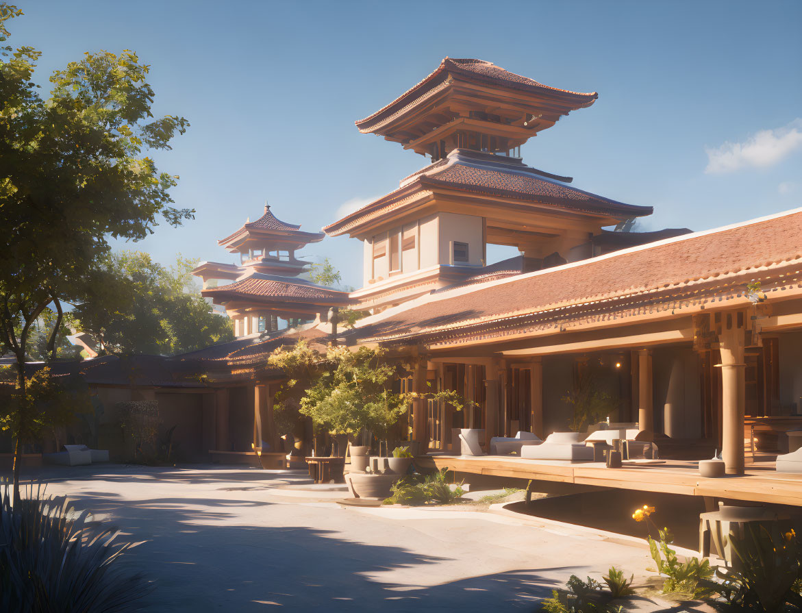 Tranquil Asian-style courtyard with wooden pagodas and bonsai trees