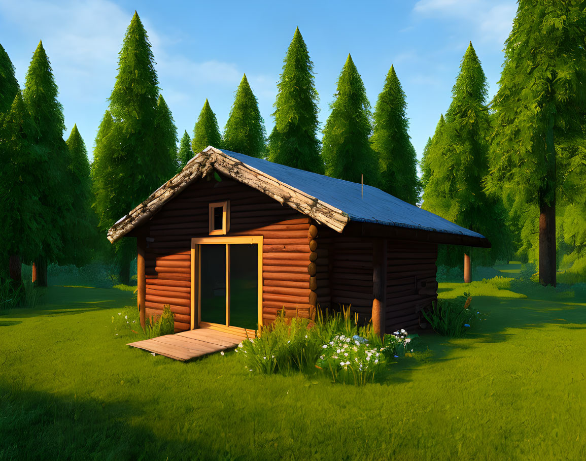 Tranquil log cabin in lush green setting with white wildflowers