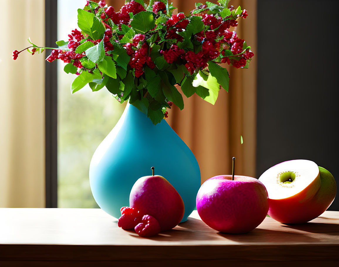 Teal Vase with Red Flowers, Fruits, and Berries on Wooden Surface