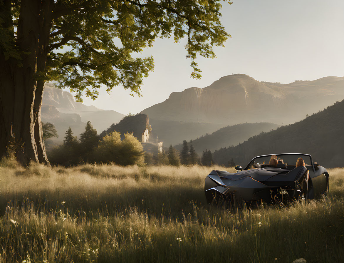 Sleek sports car parked in sunlit field with mountains in background