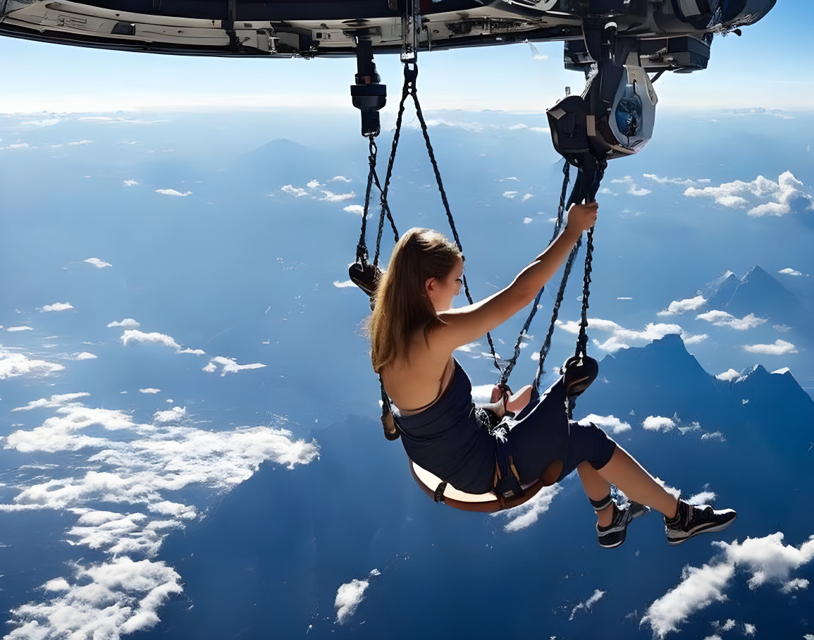 Person on Swing Ride Above Mountains and Clouds