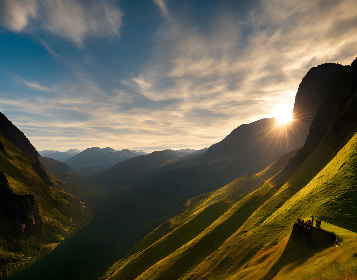 Majestic mountain sunrise over rolling green hills with hikers admiring view