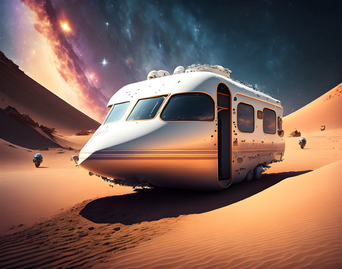 Futuristic train carriage on desert dunes with floating orbs at night