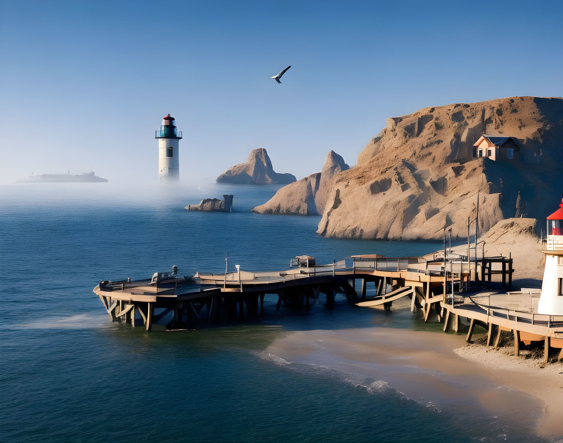 Coastal scene with two lighthouses, ship, pier, seagull, and cliffs