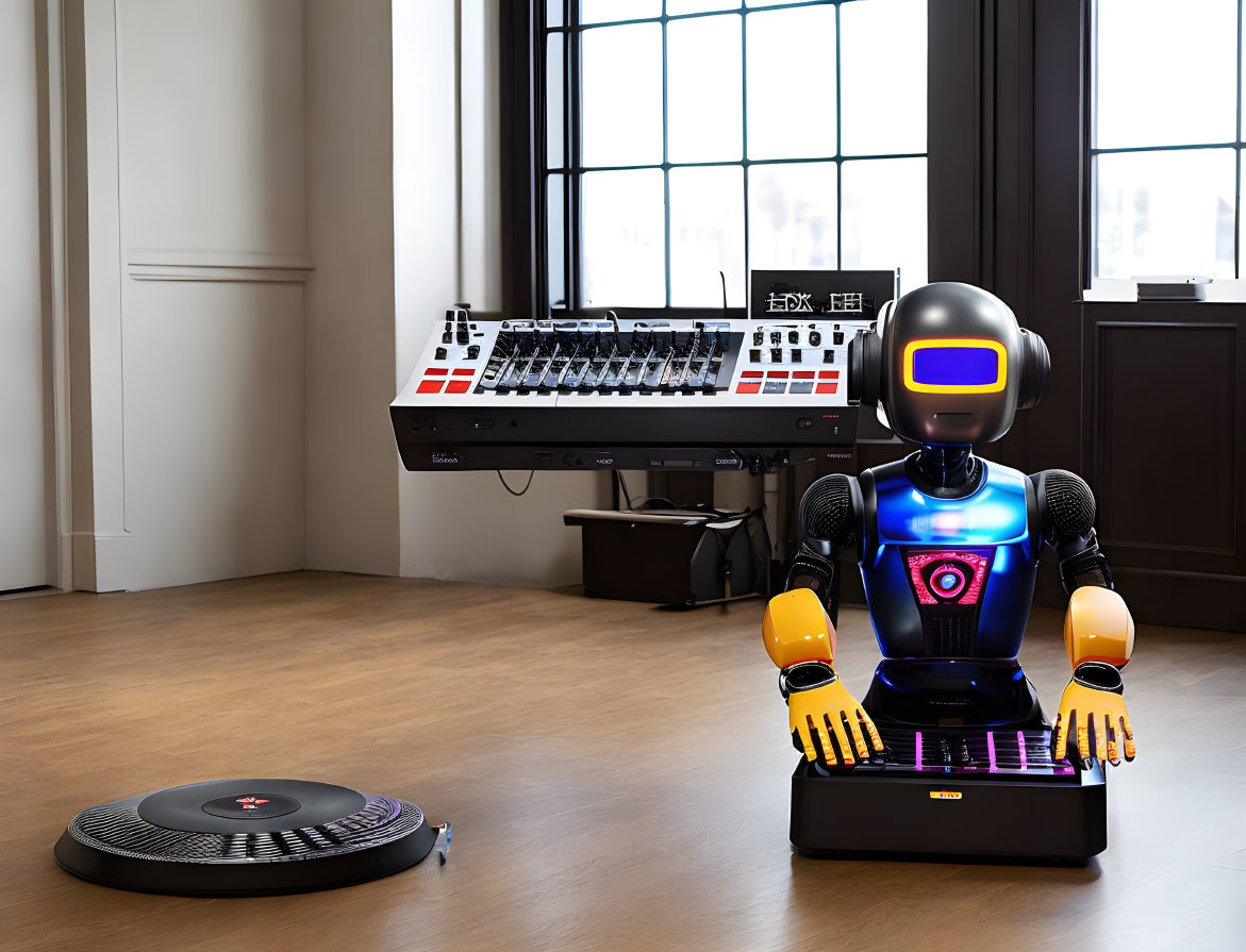 Futuristic robot with glowing features in room with synthesizer and robotic vacuum.