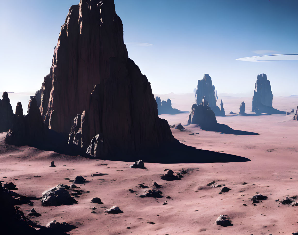 Extraterrestrial desert scene with massive rock formations and ringed planets