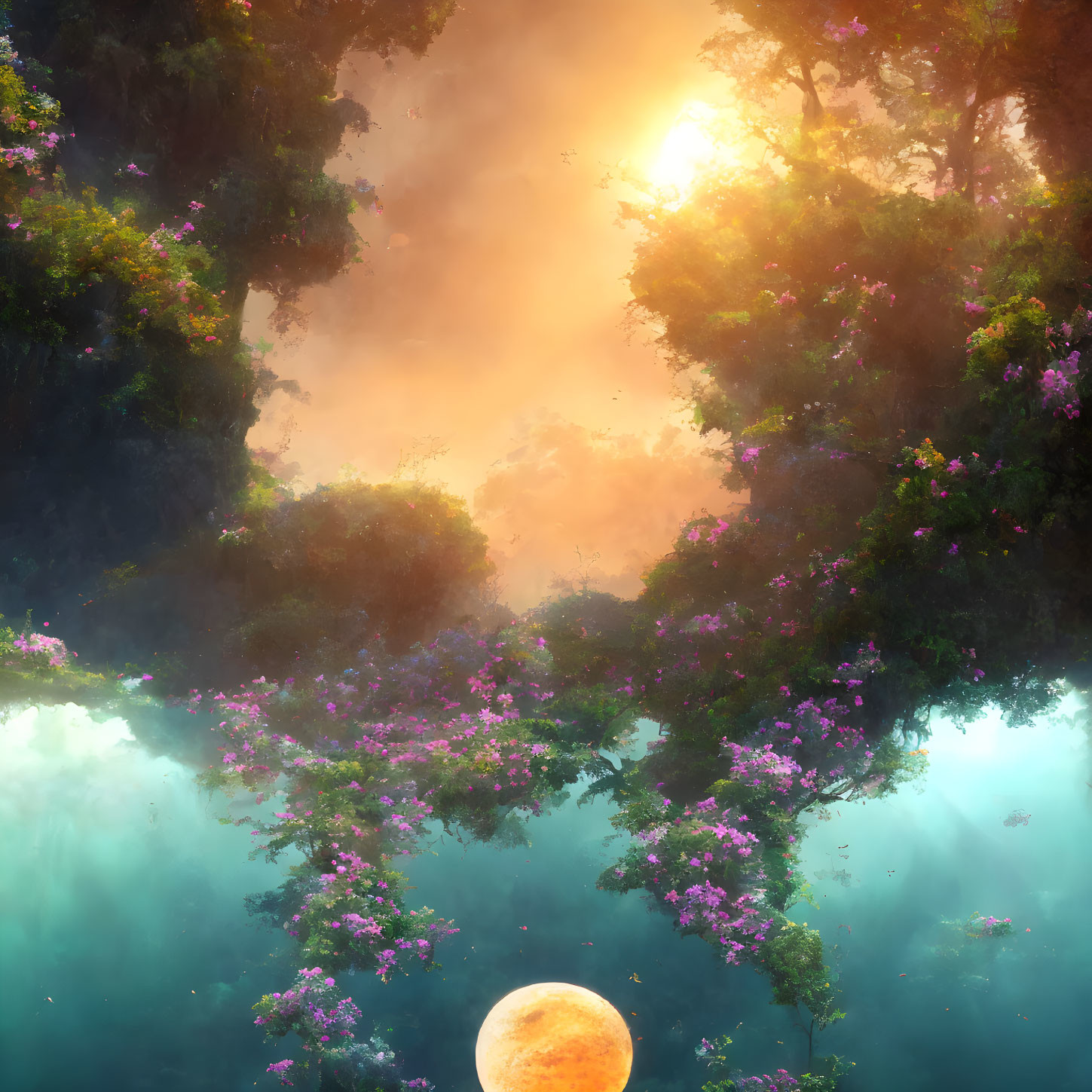 Vibrant mystical forest scene with green foliage, purple flowers, warm sunlight, and glowing orb.