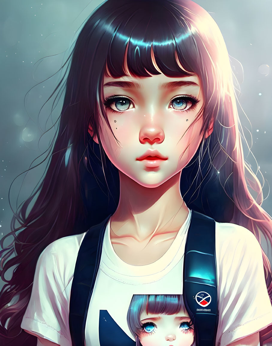 Digital Artwork: Girl with Blue Eyes and Black Hair in White Shirt