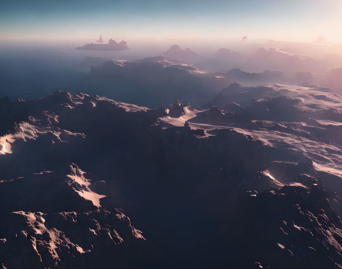 Tranquil mountain landscape with floating islands and warm sunlight