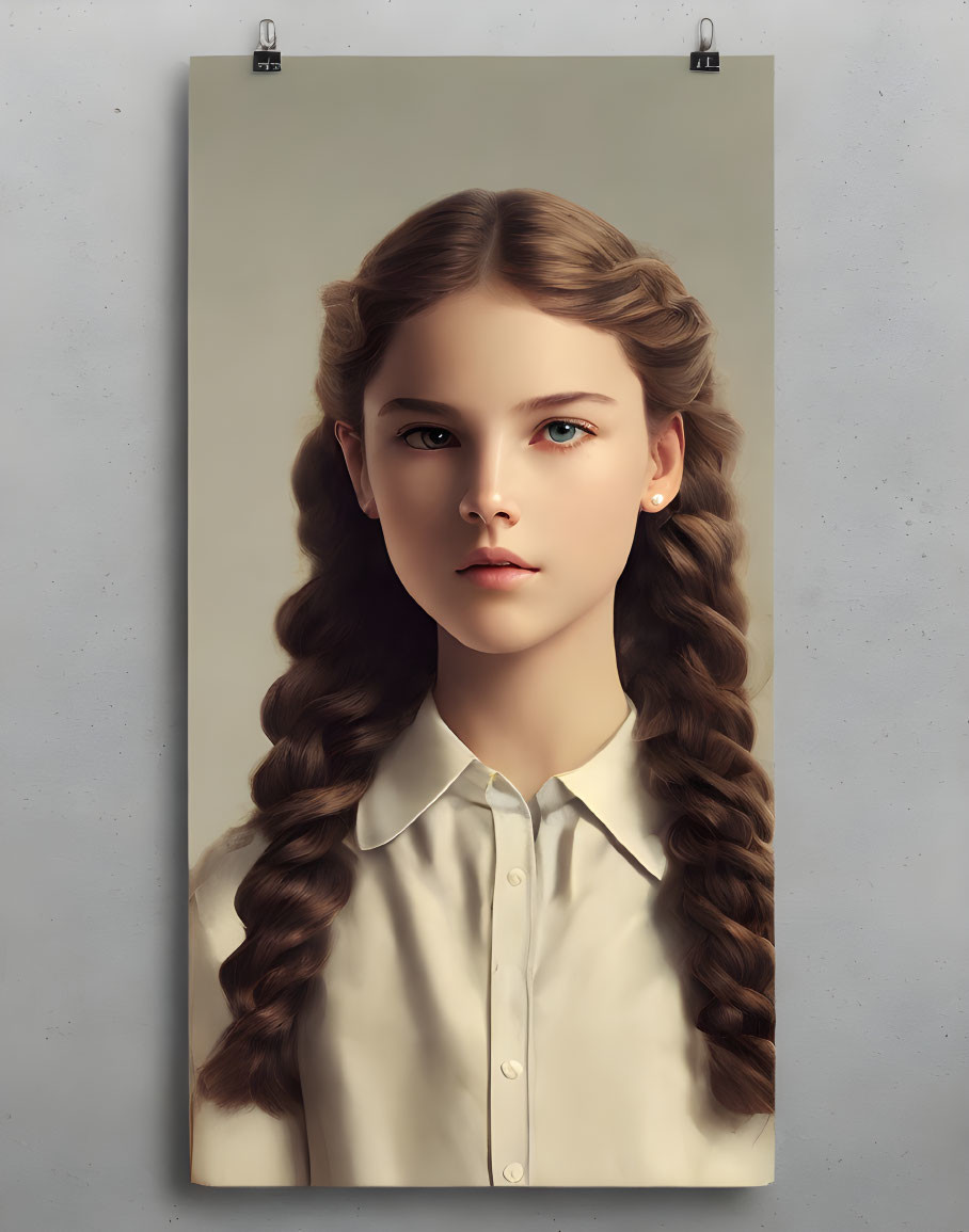 Portrait of young girl with long, braided hair and blue eyes in white blouse