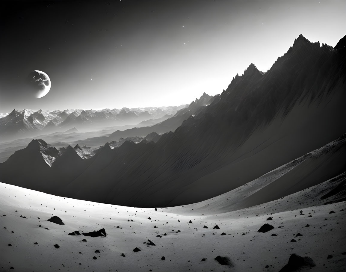 Monochrome landscape: rugged mountains under starry sky with large moon