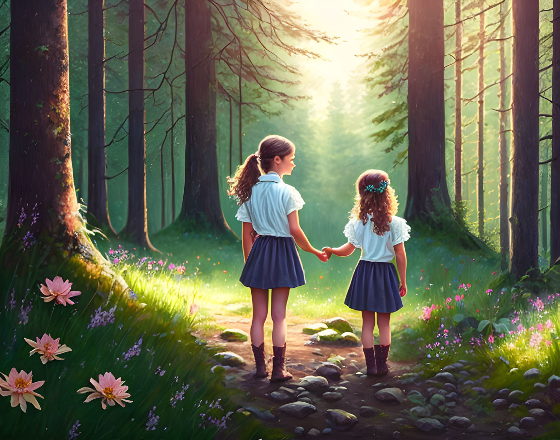 Sunlit forest scene: Two girls holding hands amidst flowers and tall trees