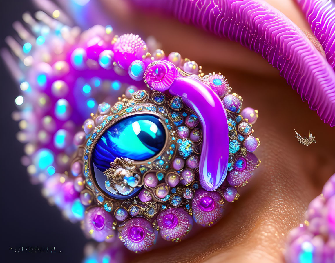 Detailed surreal illustration of vibrant pink and purple eye with jeweled embellishments