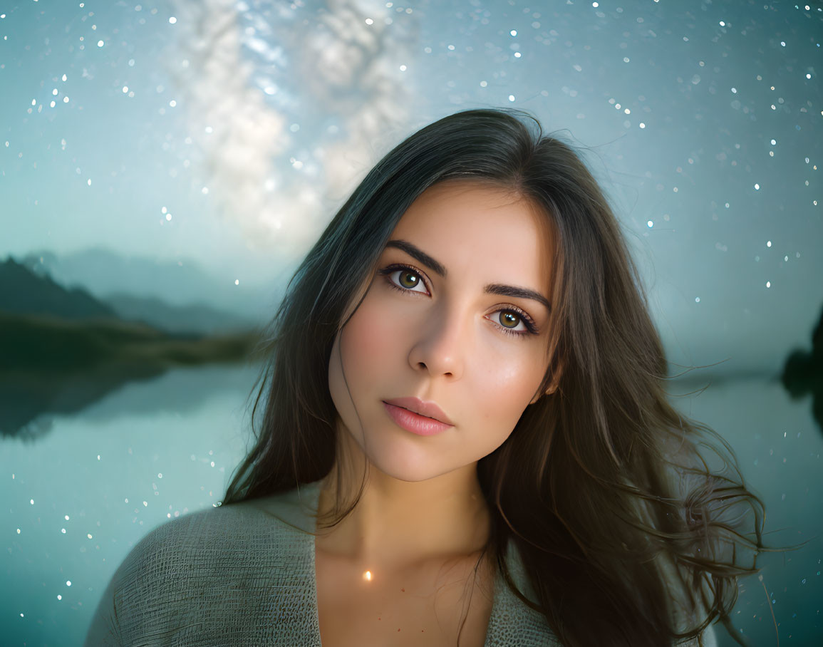 Dark-haired woman in gray sweater by serene lake at twilight