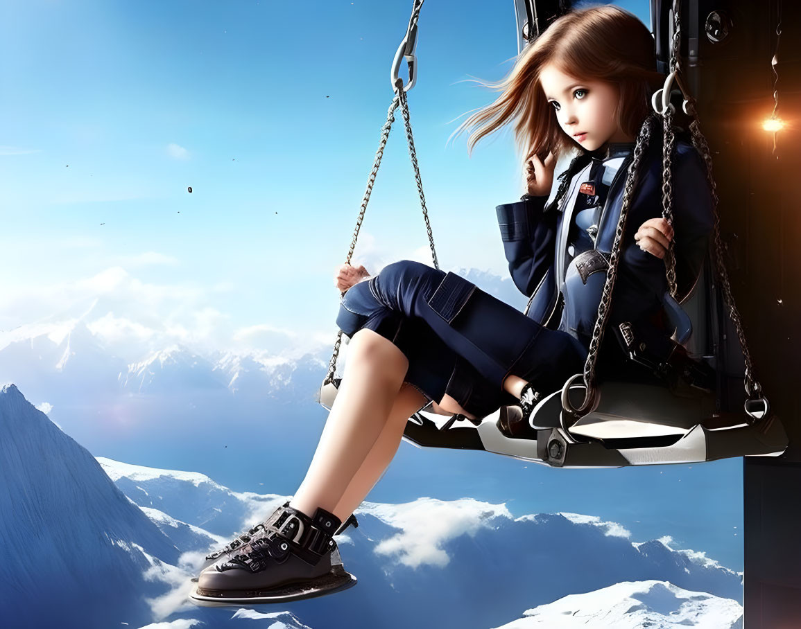 Digital artwork of girl on swing above clouds & mountains