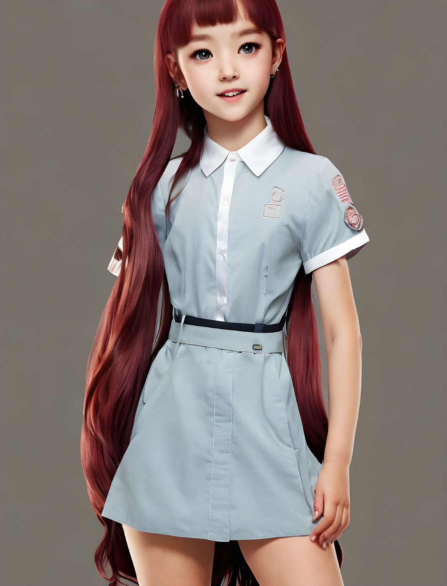 Illustration of girl with long red hair in blue dress.