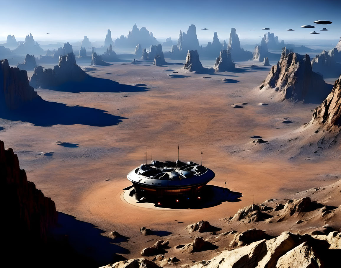 Desolate desert landscape with futuristic circular building and hovering crafts