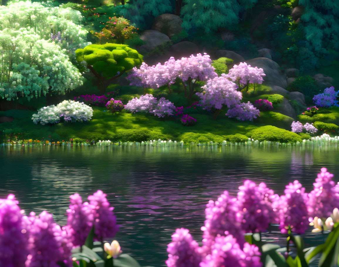 Lush Green Garden with Flowers and Tranquil Pond