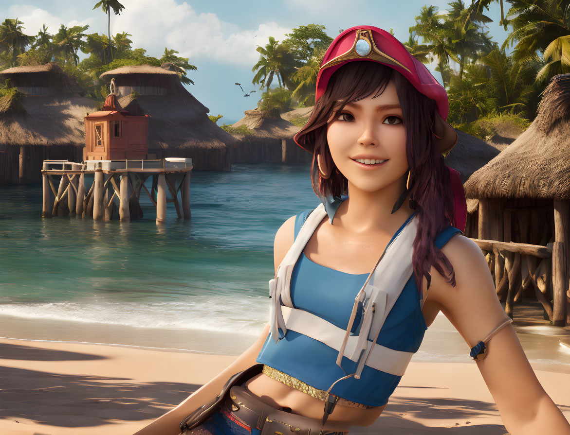 Smiling female character with red cap on beach with huts