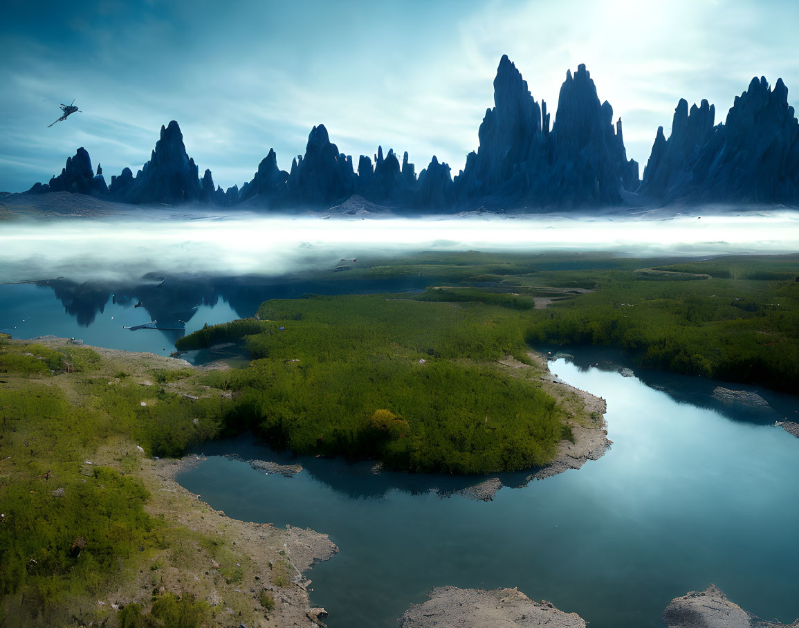 Panoramic serene landscape with mountain peaks, lake, mist, bird, and blue sky