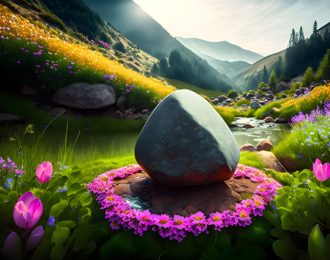 Tranquil valley with stream, green grass, flowers, rock, dramatic sky